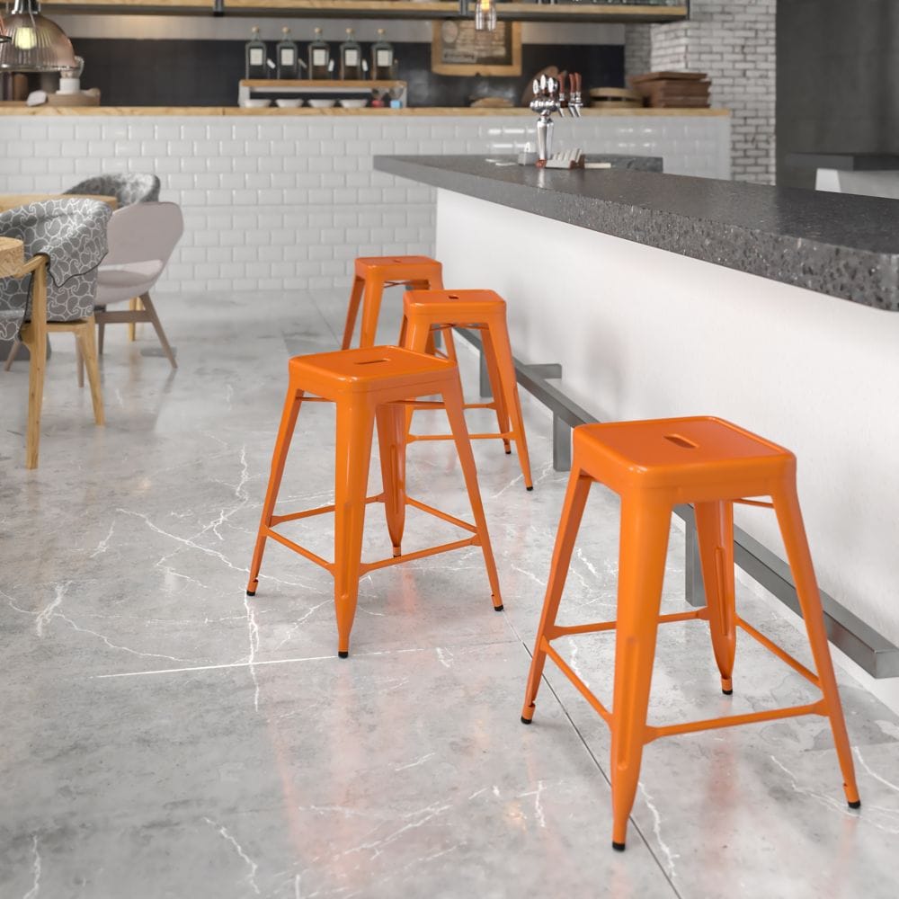 24" Orange No Back Metal Stool
