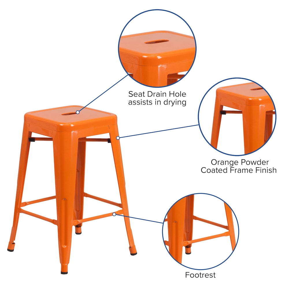 24" Orange No Back Metal Stool