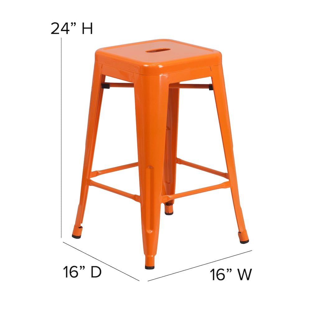 24" Orange No Back Metal Stool
