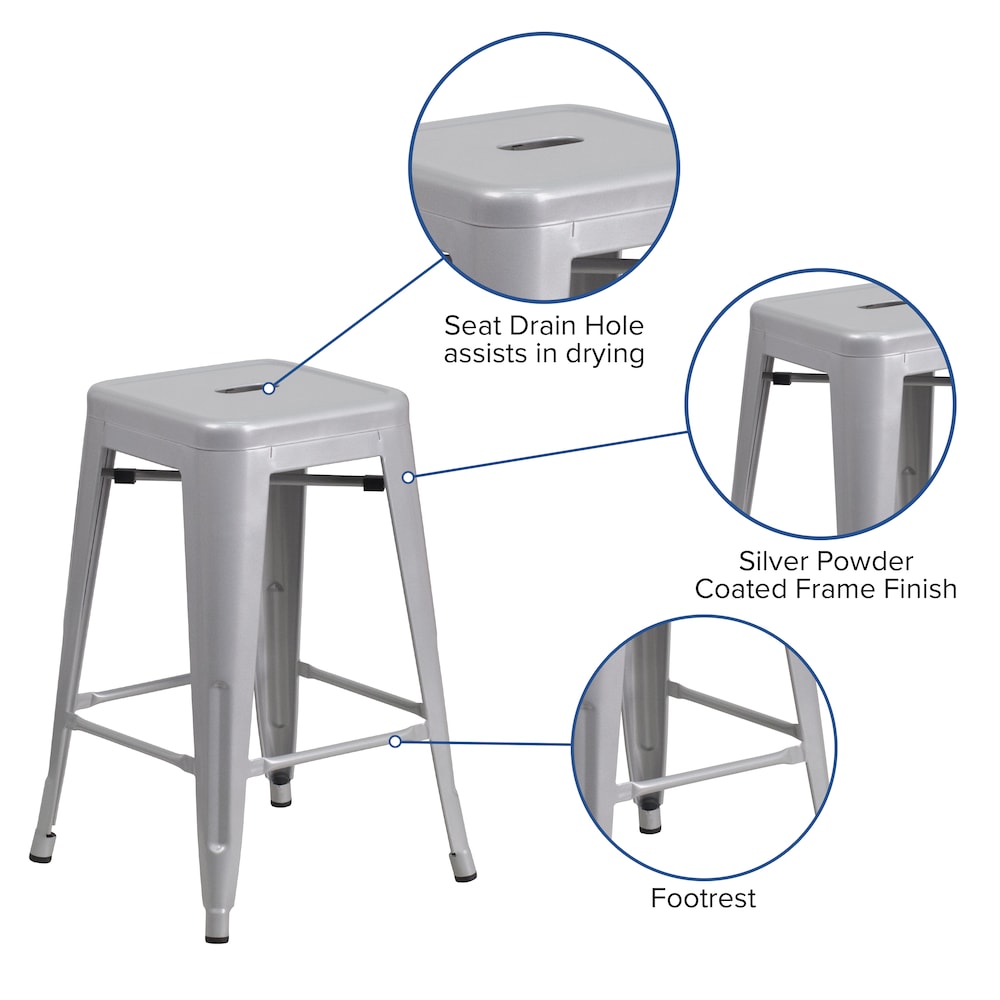 24" Silver No Back Metal Stool
