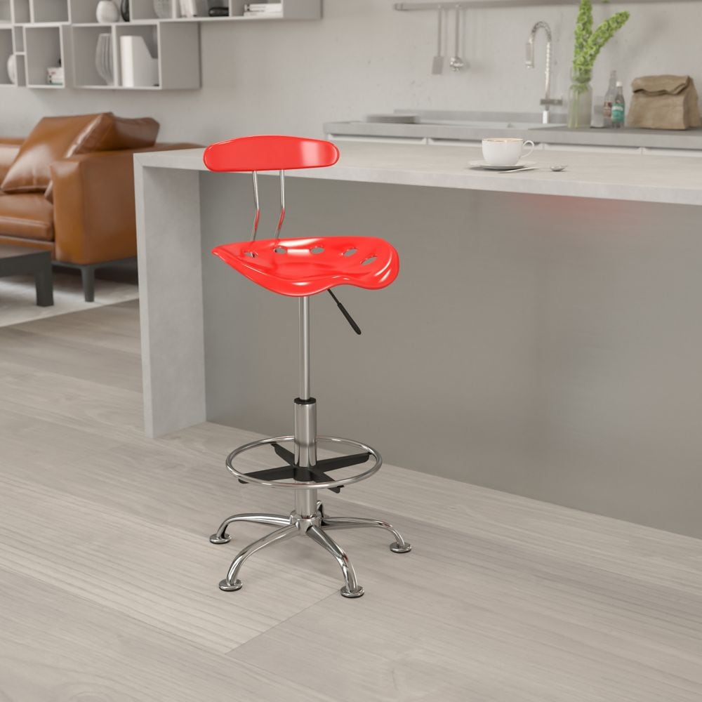 Tabouret de dessinateur chromé et couleur tomate cerise vibrante avec siège de tracteur