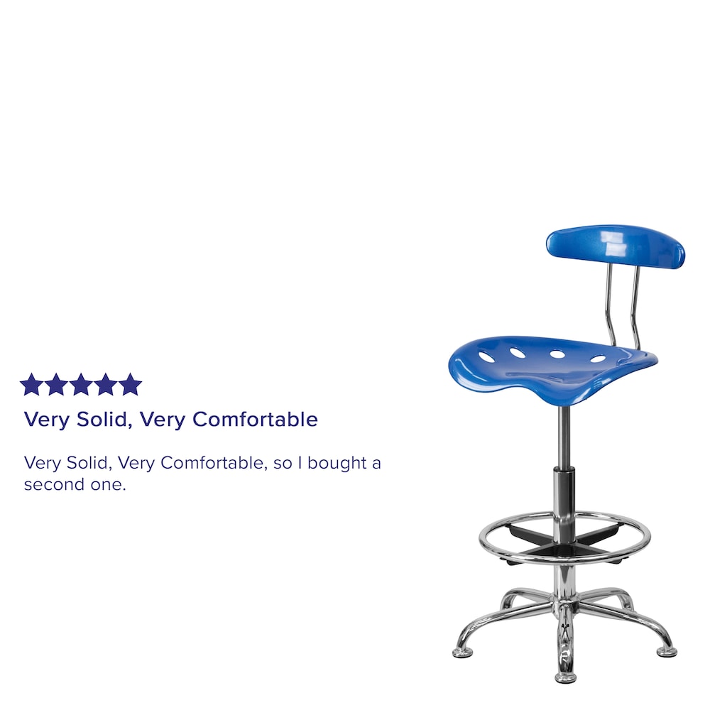 Tabouret de dessinateur bleu vif et chromé avec siège de tracteur
