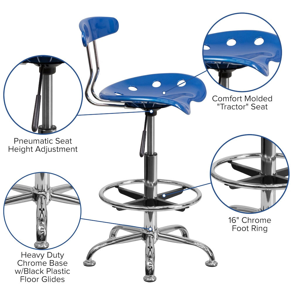 Tabouret de dessinateur bleu vif et chromé avec siège de tracteur