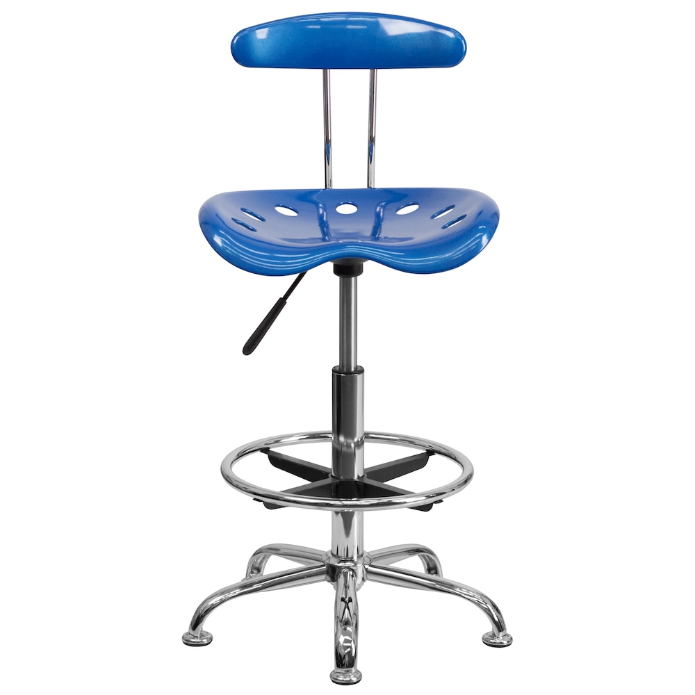 Tabouret de dessinateur bleu vif et chromé avec siège de tracteur