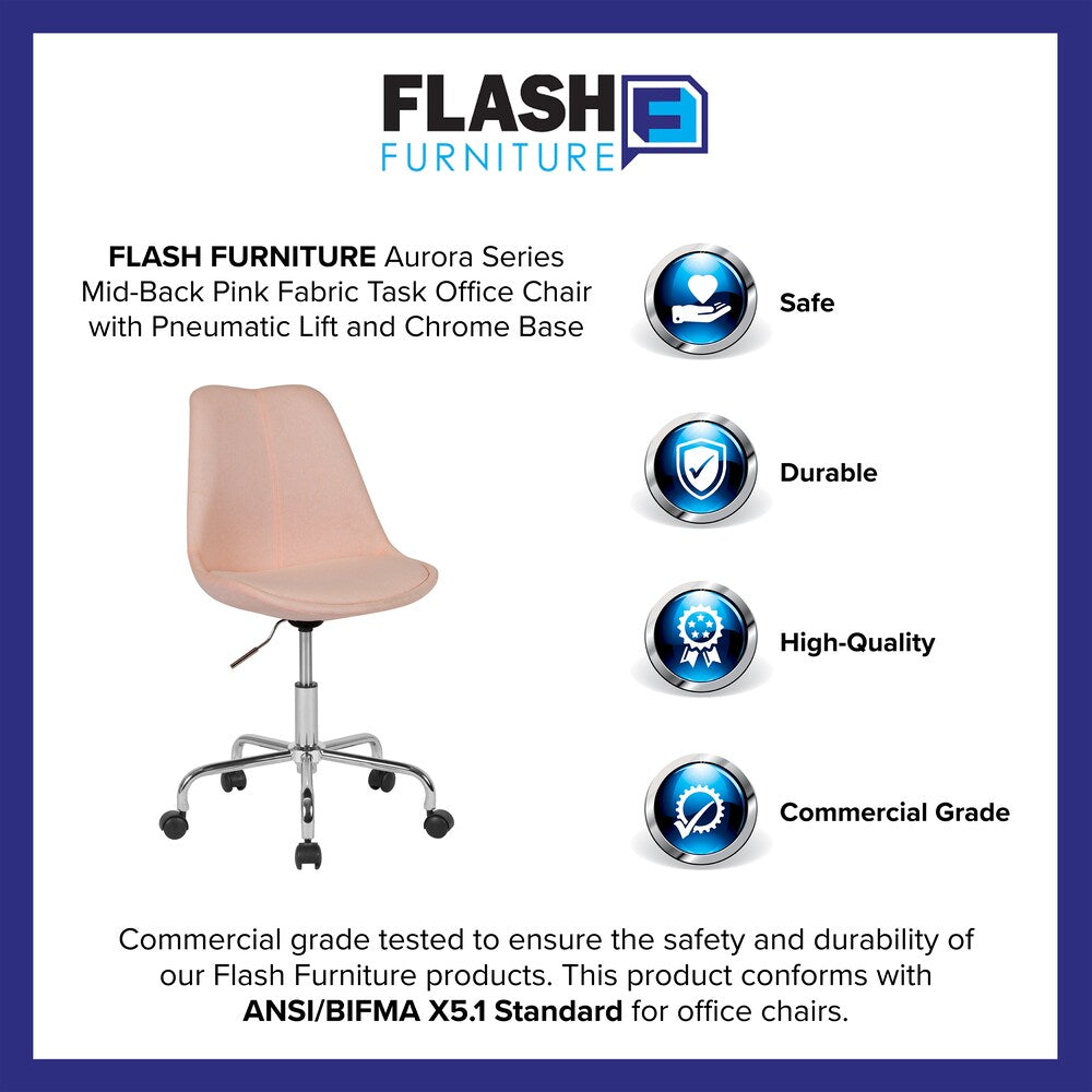 Aurora Series Mid-Back Pink Fabric Task Office Chair with Pneumatic Lift and Chrome Base