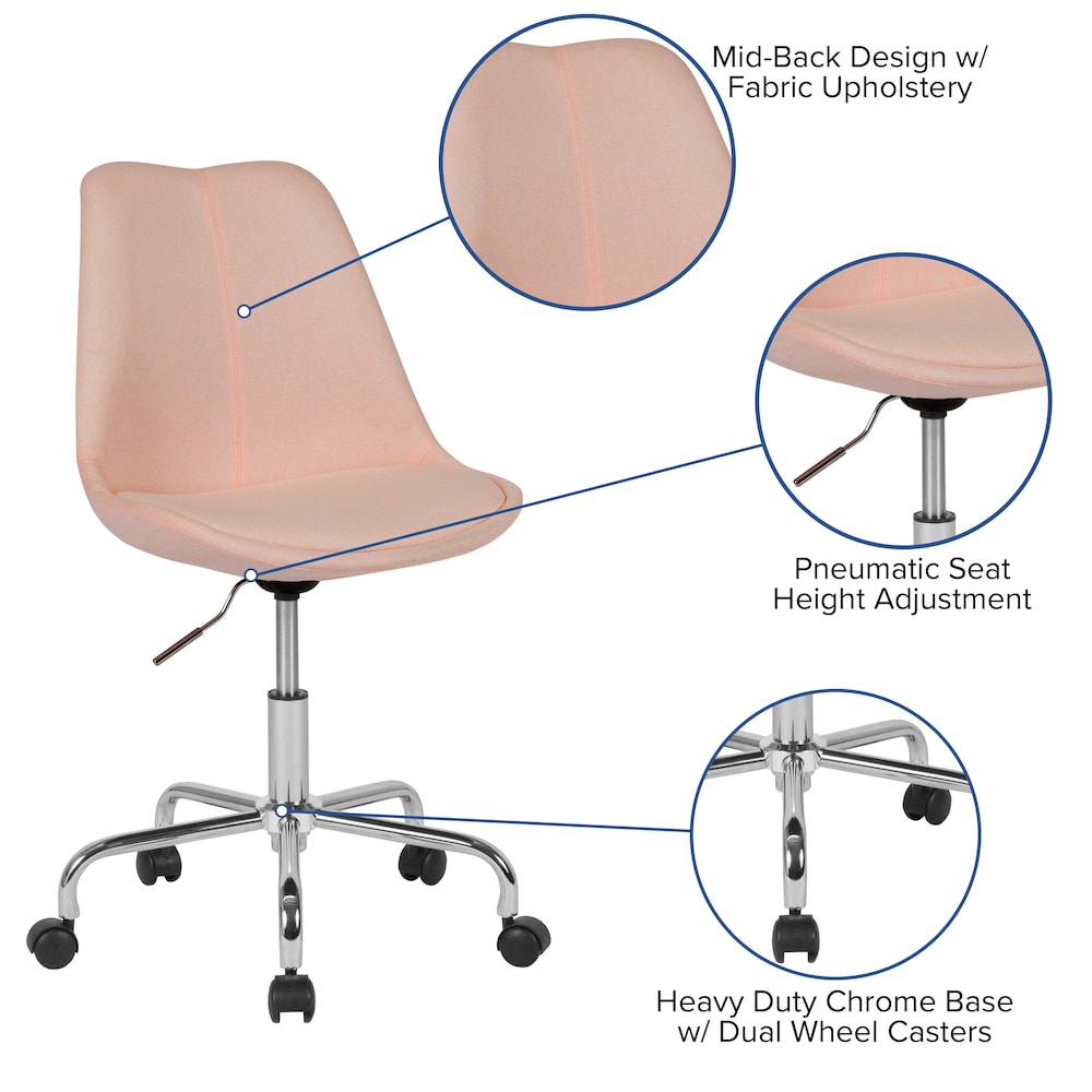 Aurora Series Mid-Back Pink Fabric Task Office Chair with Pneumatic Lift and Chrome Base