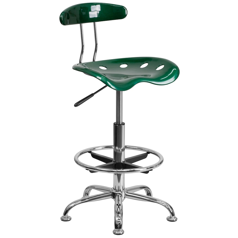Tabouret de dessinateur vert vif et chromé avec siège de tracteur