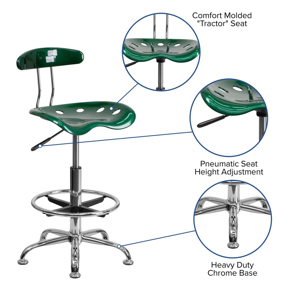 Vibrant Green and Chrome Drafting Stool with Tractor Seat