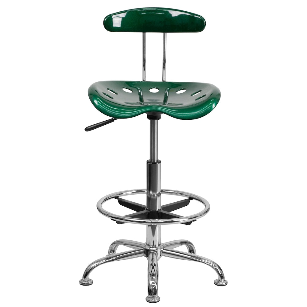 Tabouret de dessinateur vert vif et chromé avec siège de tracteur