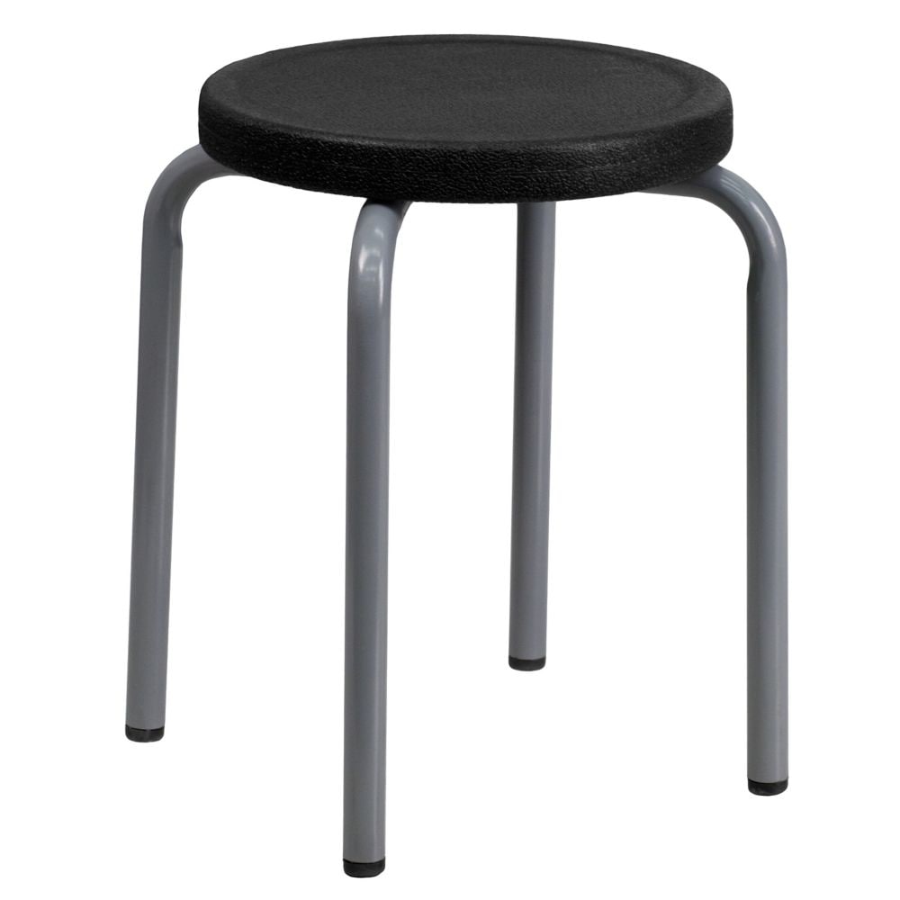 Tabouret empilable avec siège noir et cadre enduit de poudre argenté