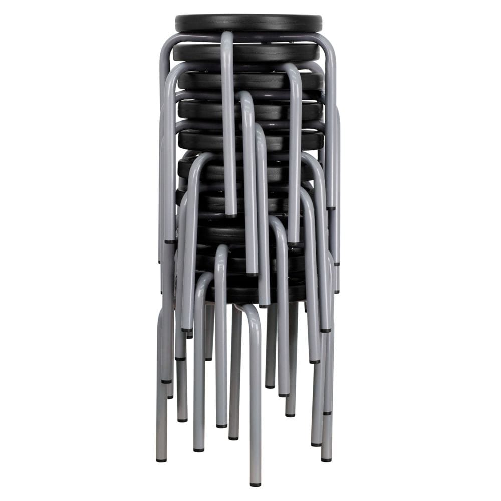 Tabouret empilable avec siège noir et cadre enduit de poudre argenté