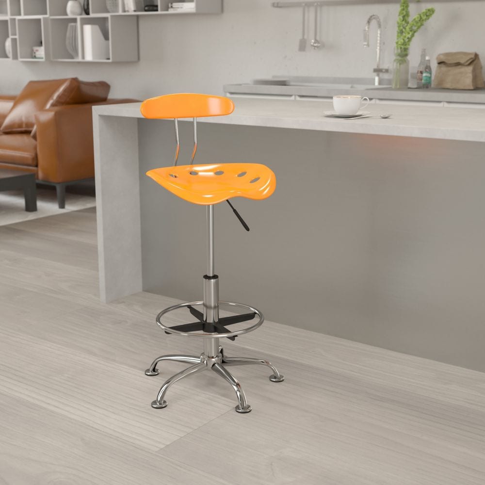 Tabouret de dessinateur orange vif et chromé avec siège de tracteur