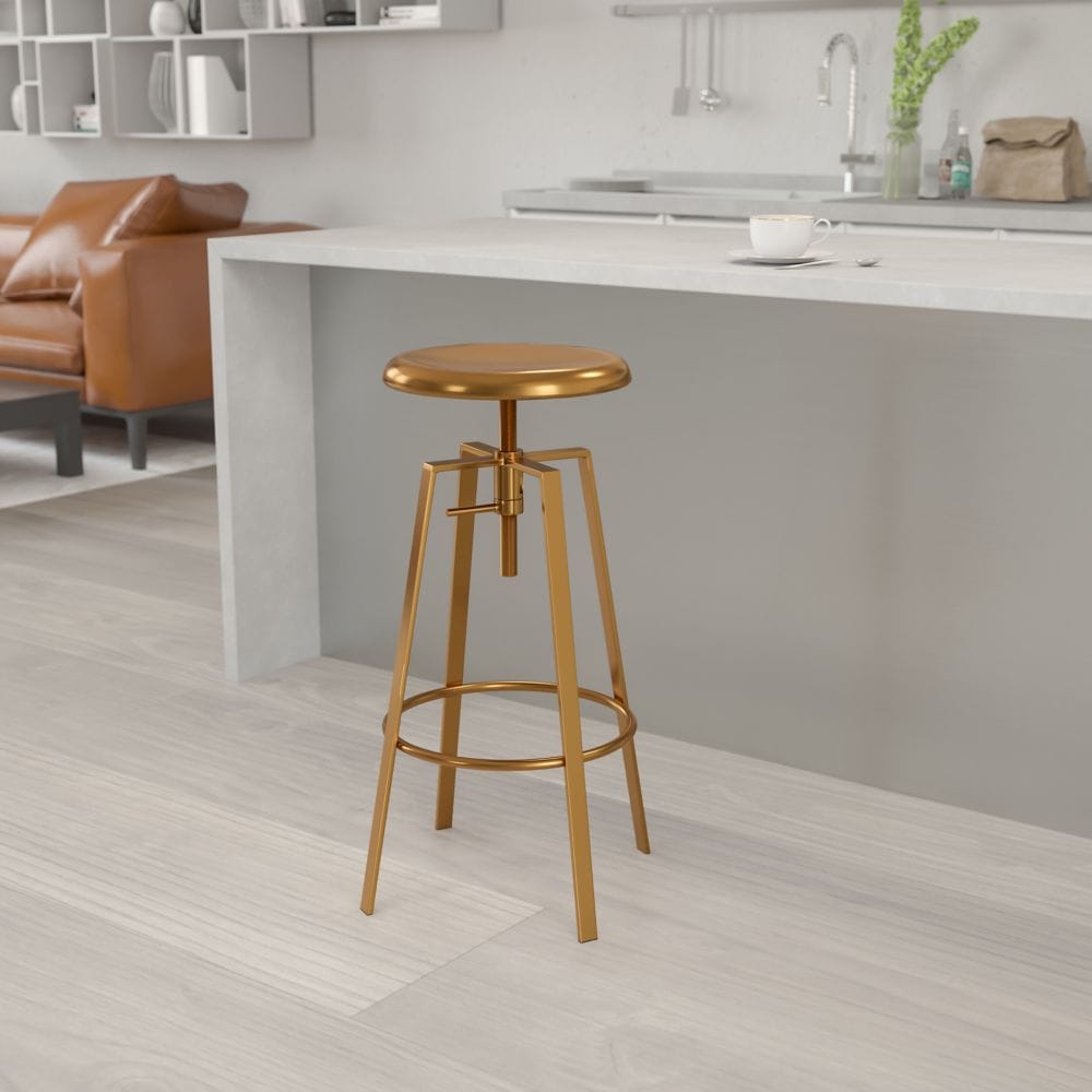 Tabouret de bar de style industriel Toledo avec siège pivotant et réglable en hauteur en finition dorée