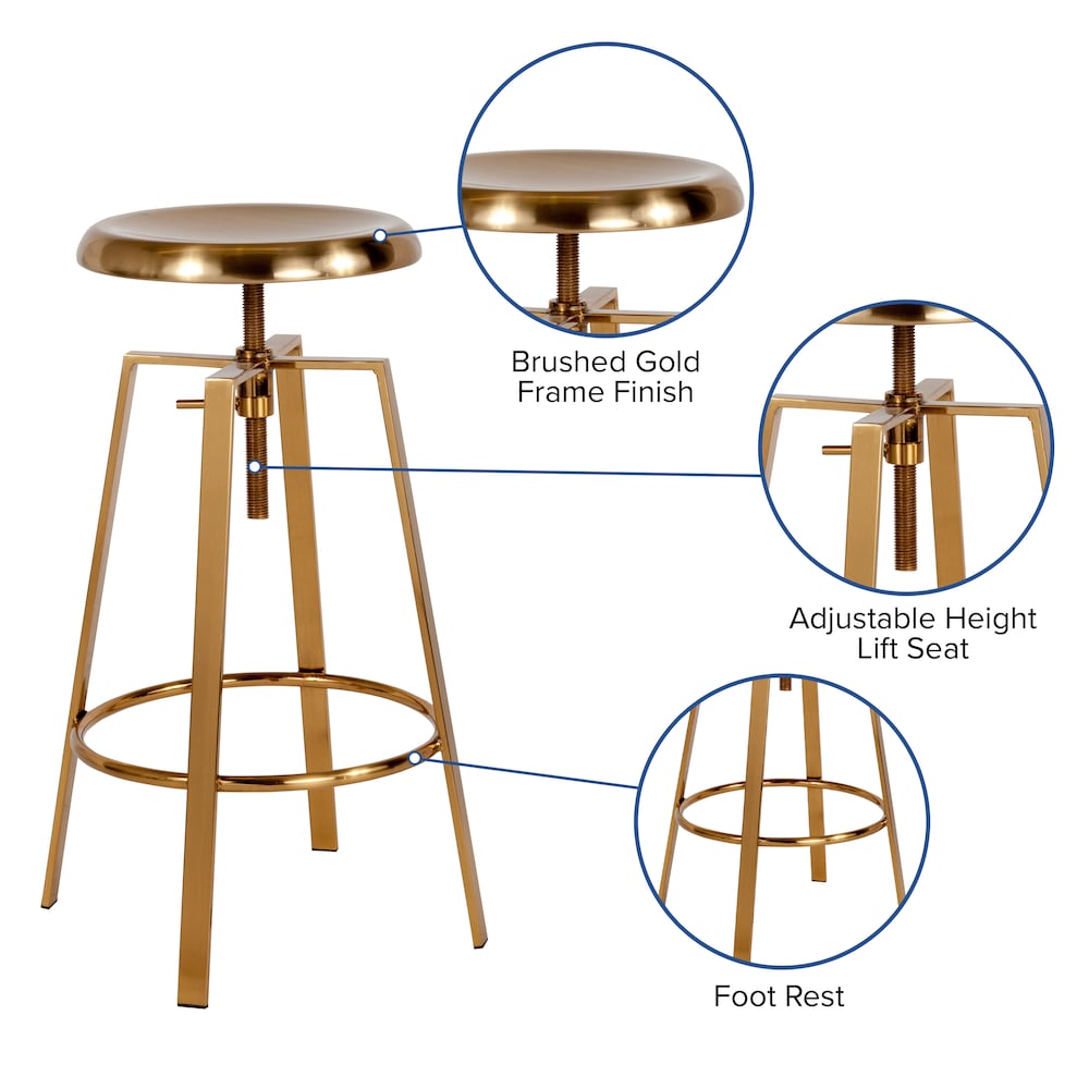 Tabouret de bar de style industriel Toledo avec siège pivotant et réglable en hauteur en finition dorée