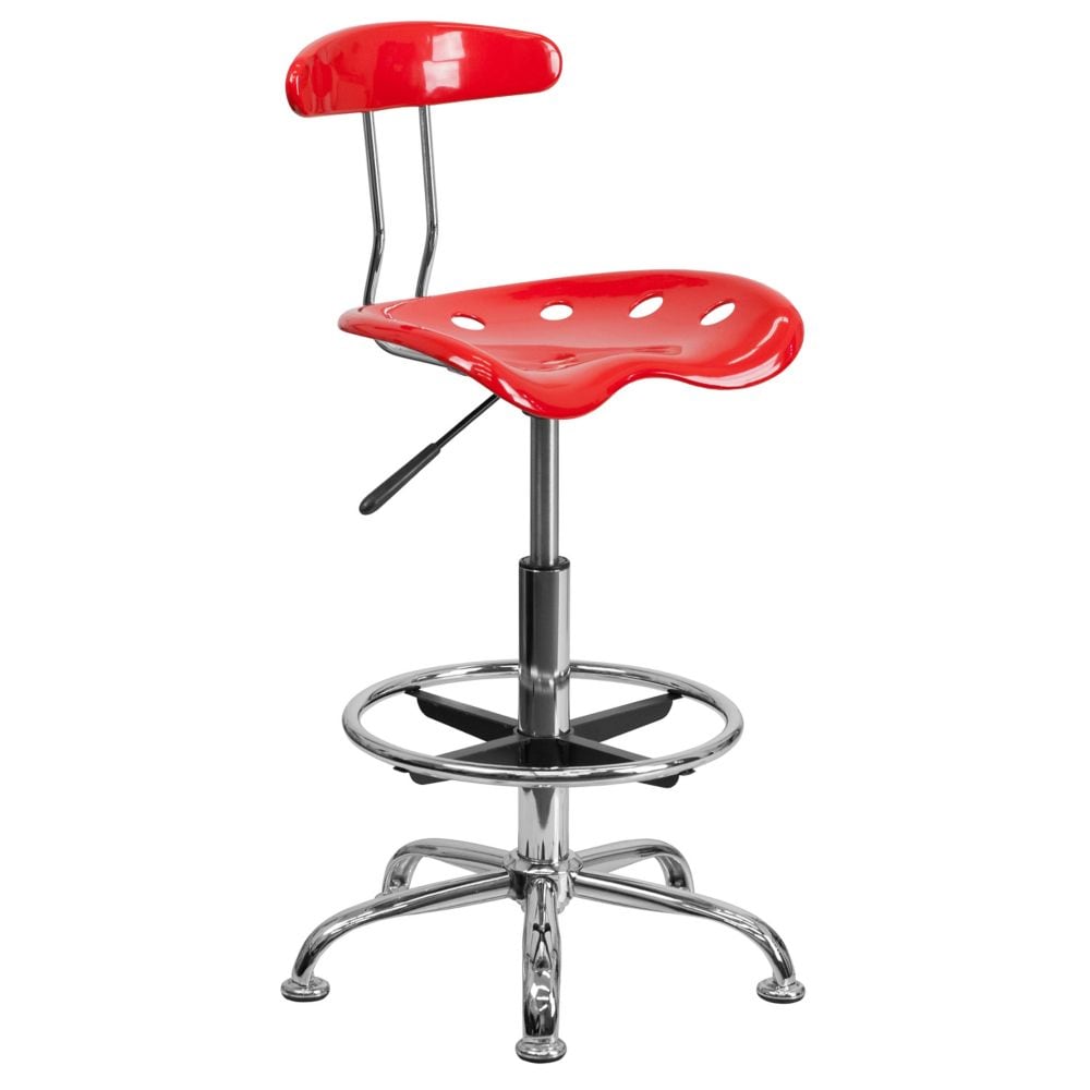 Tabouret de dessinateur rouge vif et chromé avec siège de tracteur