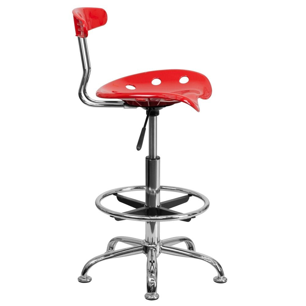 Tabouret de dessinateur rouge vif et chromé avec siège de tracteur