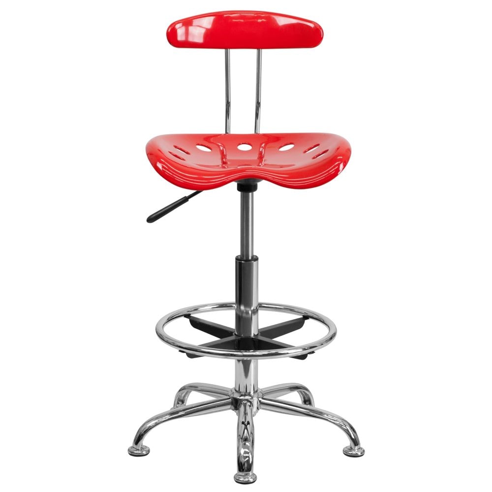Tabouret de dessinateur rouge vif et chromé avec siège de tracteur