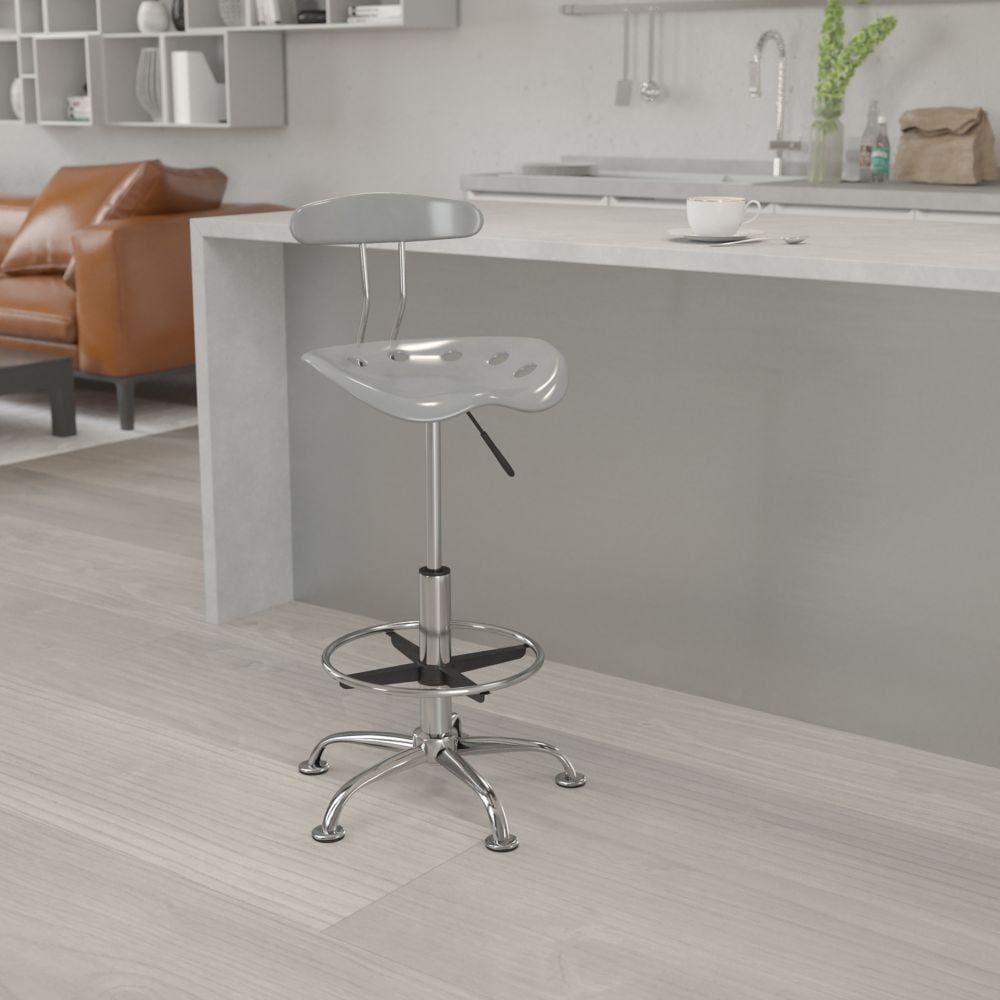 Tabouret de dessinateur en argent et chrome vibrant avec siège de tracteur