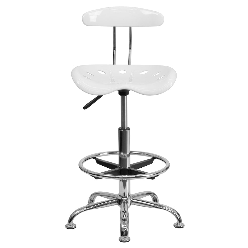 Tabouret de dessinateur blanc vibrant et chromé avec siège de tracteur