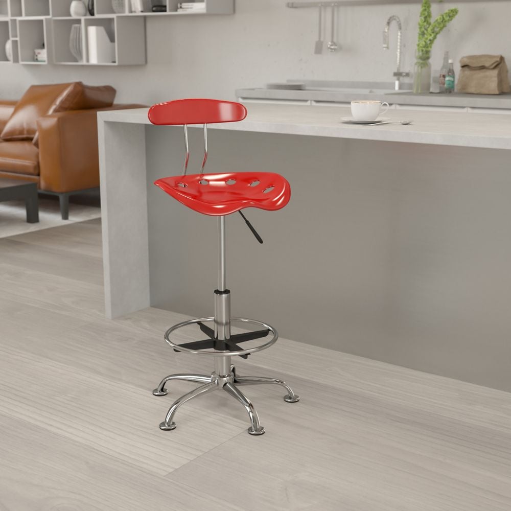 Tabouret de dessinateur rouge vin vif et chromé avec siège de tracteur