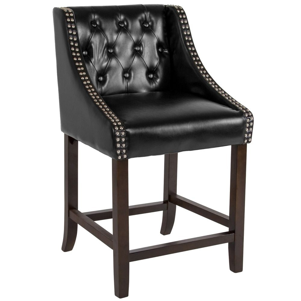 24" Black Leather/Wood Stool
