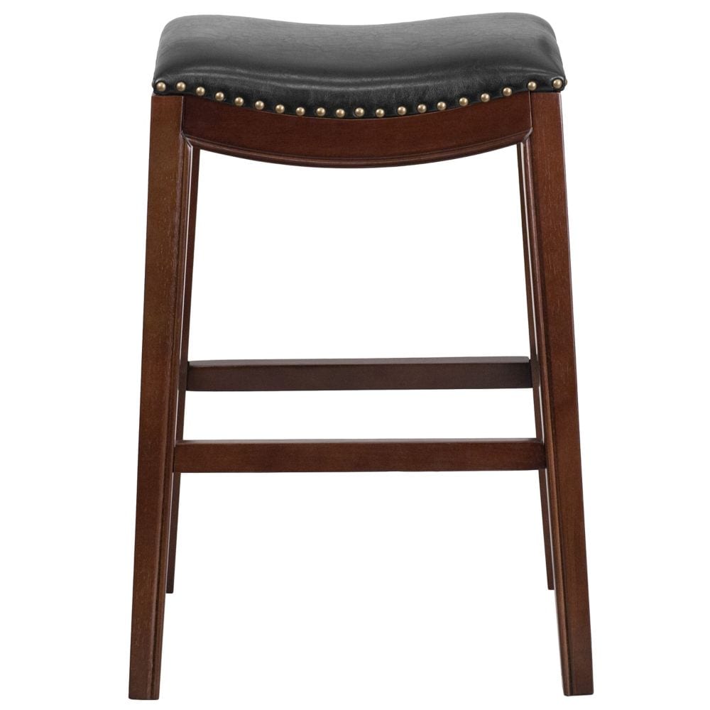30'' High Backless Cappuccino Wood Barstool with Black Leather Saddle Seat