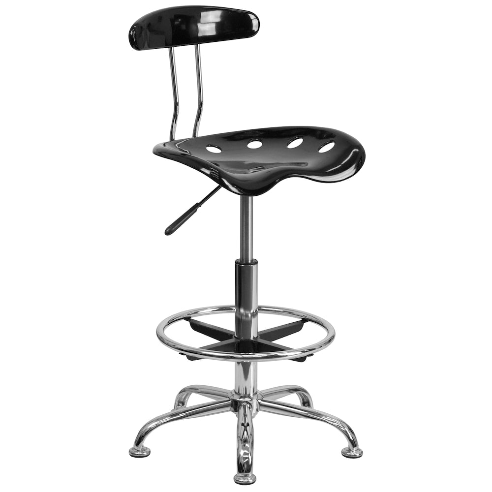 Tabouret de dessinateur noir et chromé vibrant avec siège de tracteur