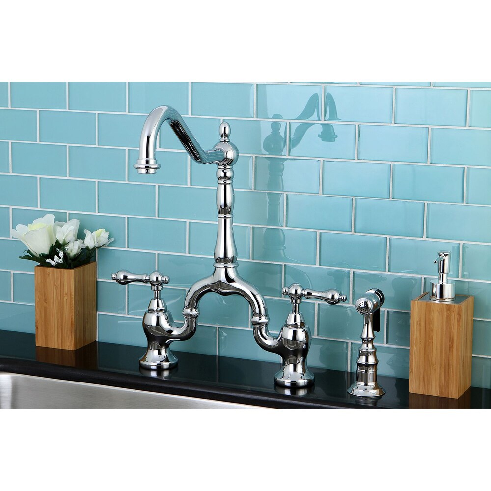 Robinet de cuisine à 2 poignées de style victorien avec pulvérisateur latéral en chrome poli