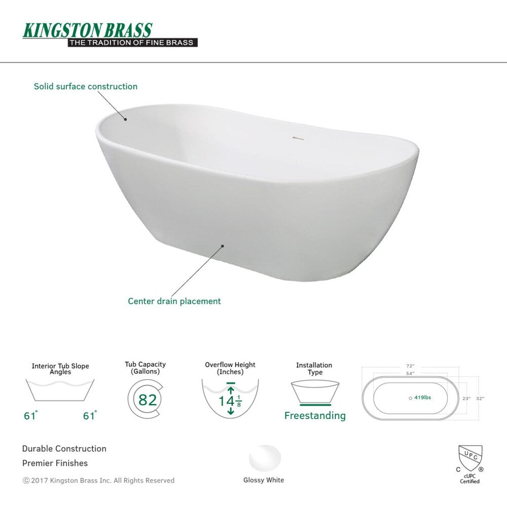 Serena 71.4 in. Solid Surface Matte Stone Flatbottom Freestanding Bathtub in White