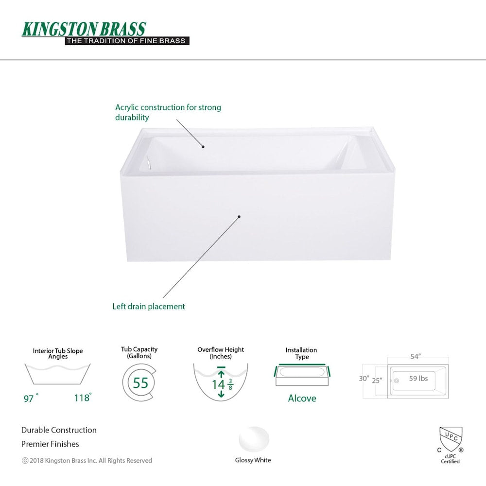 Aqua Eden Jenny 54 in. Acrylic Left-Hand Drain Rectangular Alcove Bathtub in White