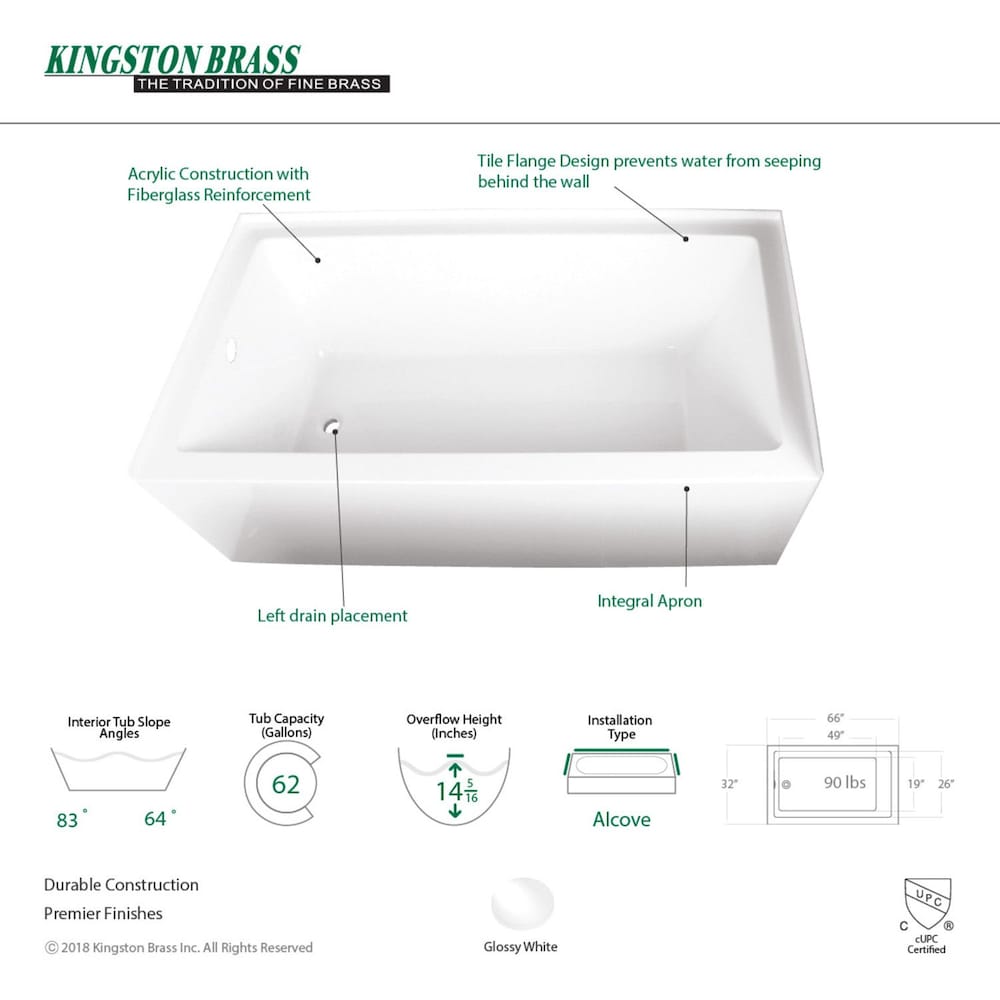 Aqua Eden Sarah 66 in. Acrylic Left-Hand Drain Rectangular Alcove Bathtub in White