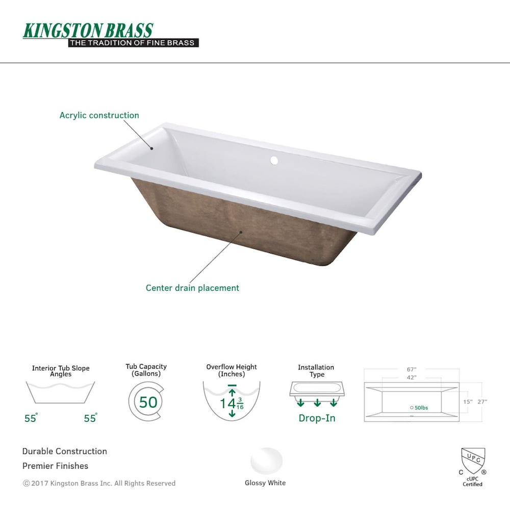 Modern 5.6 ft. Acrylic Rectangular Drop-in Center Drain Bathtub in White