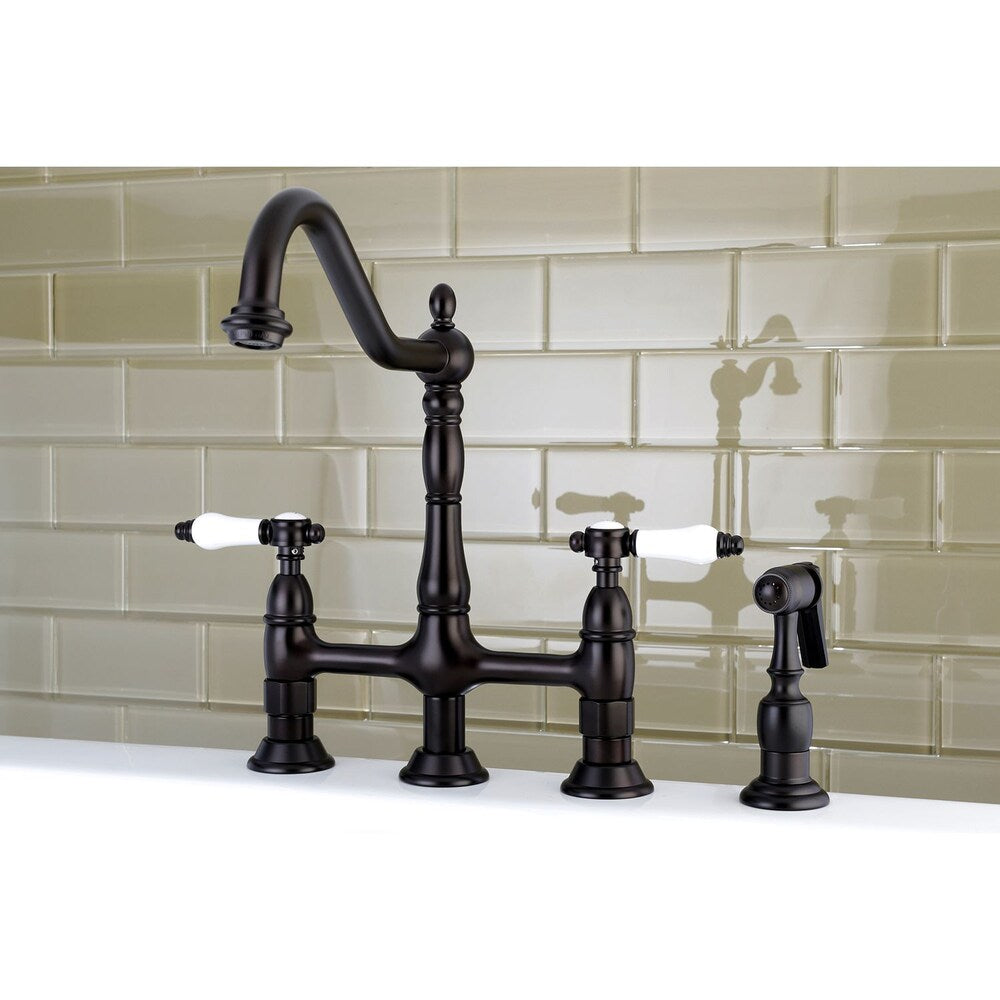 Robinet de cuisine à 2 poignées en porcelaine victorienne avec pulvérisateur latéral en bronze huilé