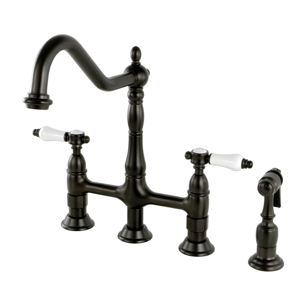 Robinet de cuisine à 2 poignées en porcelaine victorienne avec pulvérisateur latéral en bronze huilé