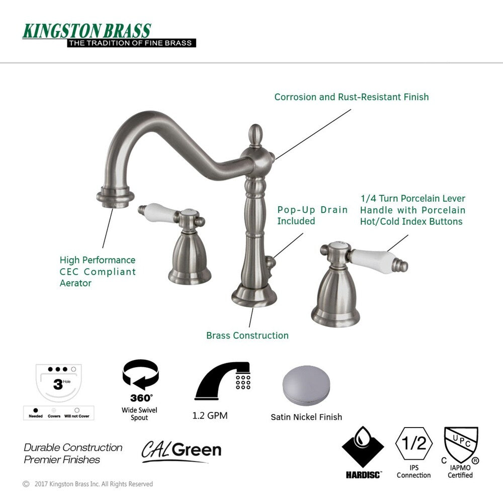 Robinet de salle de bain à 2 poignées en porcelaine victorienne de 8 po en nickel satiné