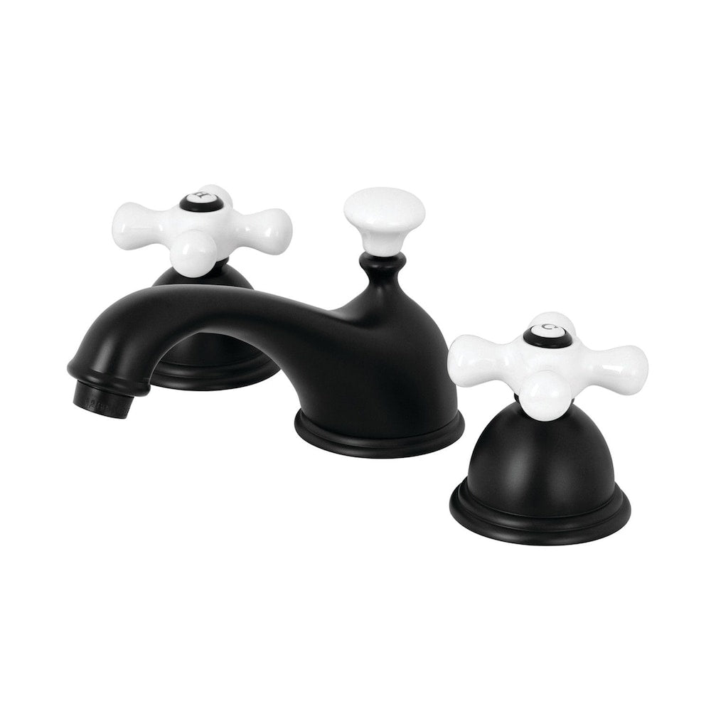 Restoration Porcelain Cross 8 in. Widespread 2-Handle Bathroom Faucet in Matte Black