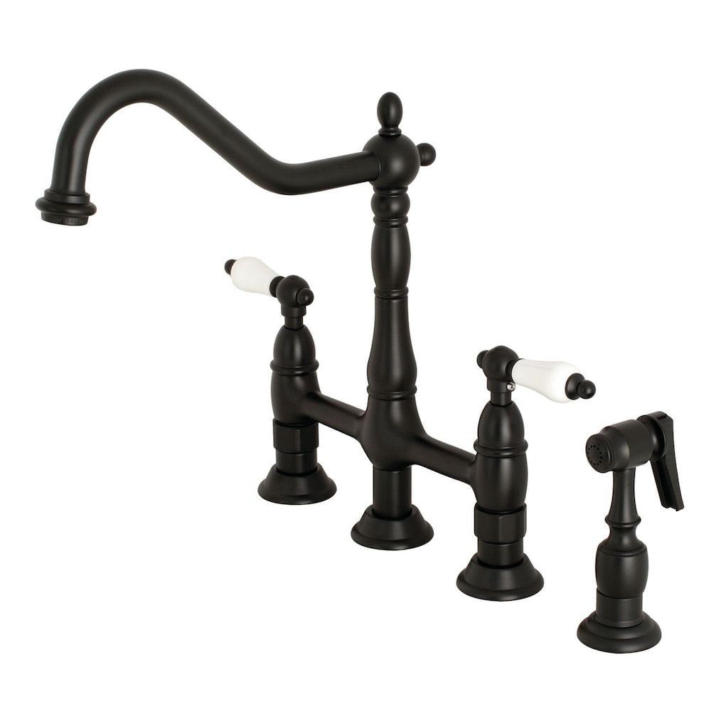 Robinet de cuisine à deux poignées en porcelaine victorienne avec pulvérisateur latéral en noir mat