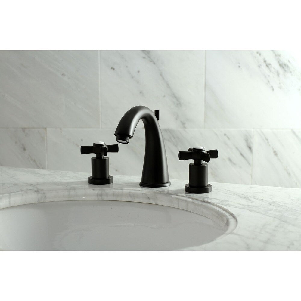Robinet de salle de bain à arc moyen à 2 poignées et à large portée Modern Cross de 8 po en noir mat