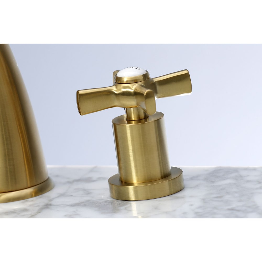 Robinet de salle de bain à arc moyen à 2 poignées et à large portée Modern Cross de 8 po en laiton satiné
