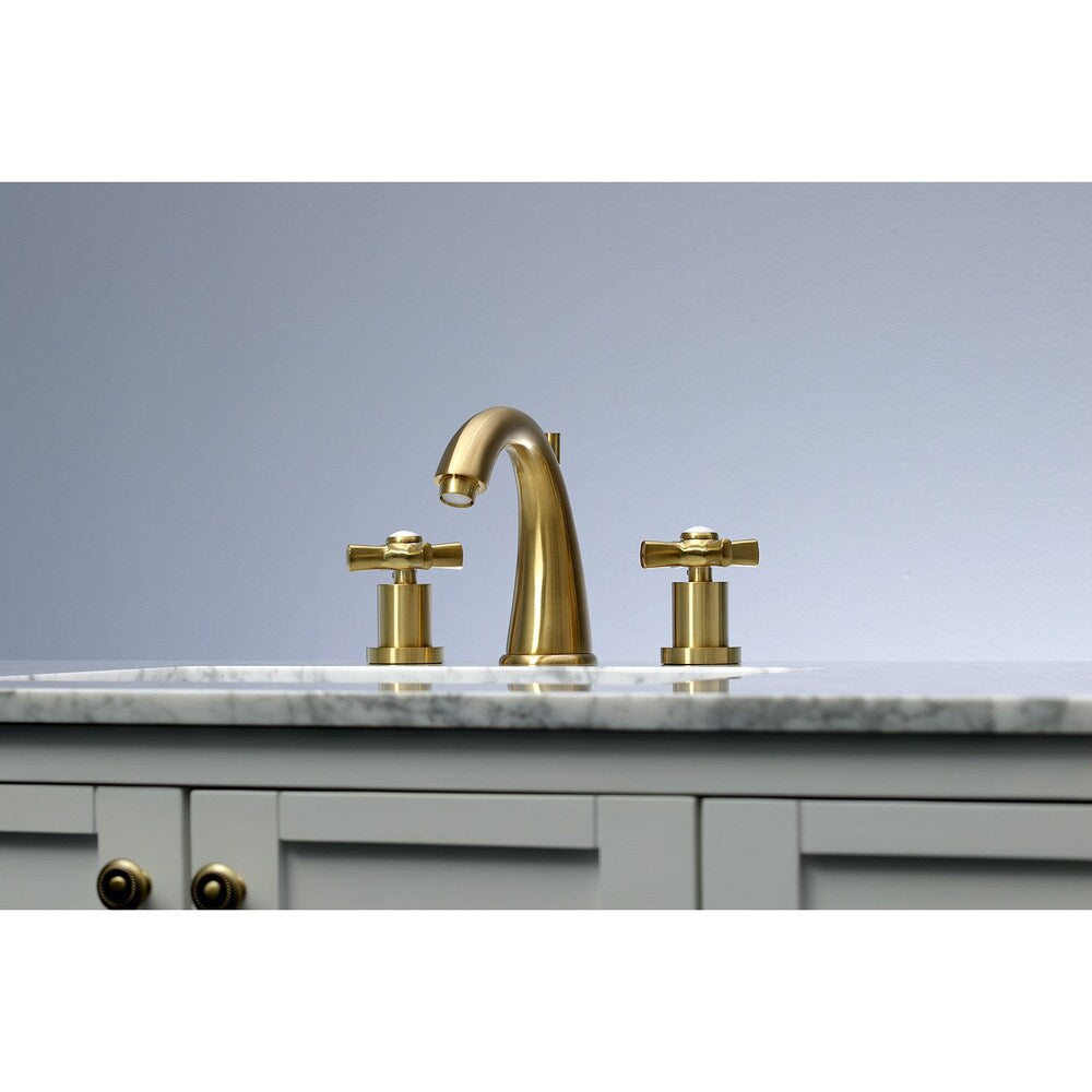 Robinet de salle de bain à arc moyen à 2 poignées et à large portée Modern Cross de 8 po en laiton satiné