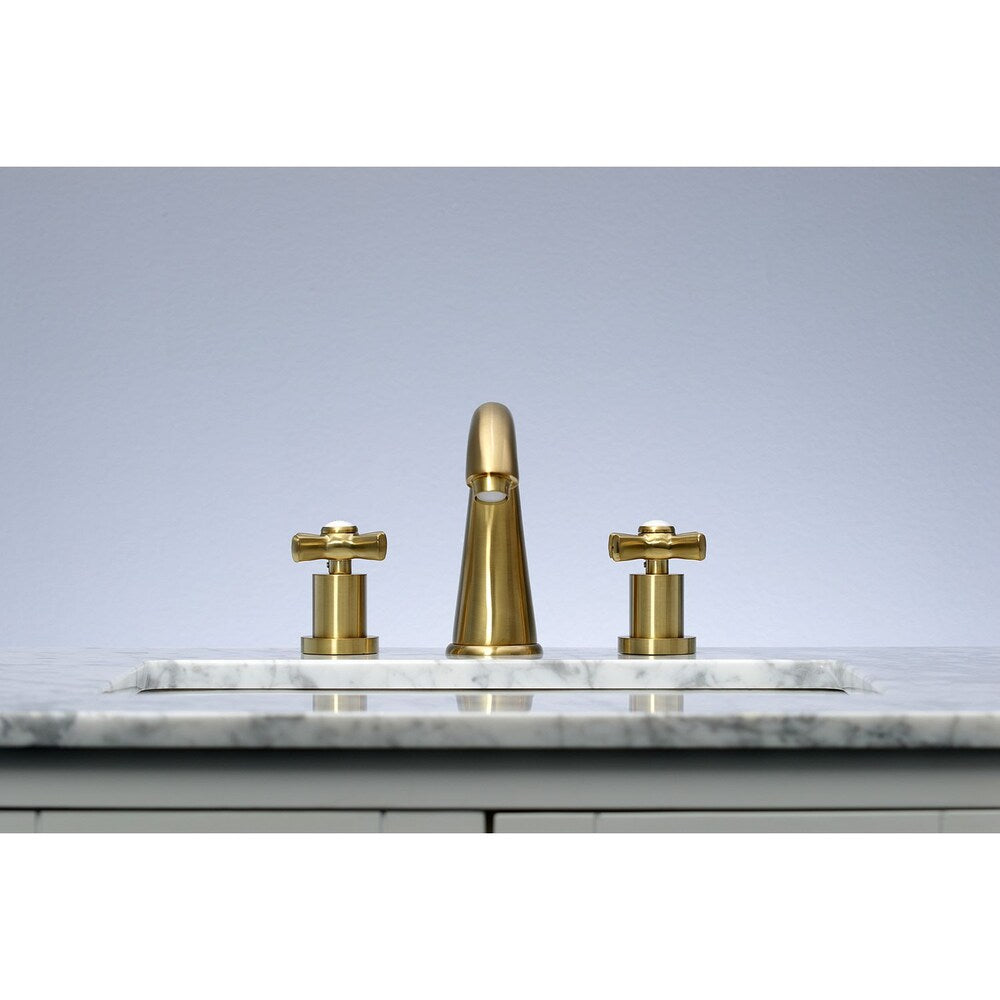 Robinet de salle de bain à arc moyen à 2 poignées et à large portée Modern Cross de 8 po en laiton satiné