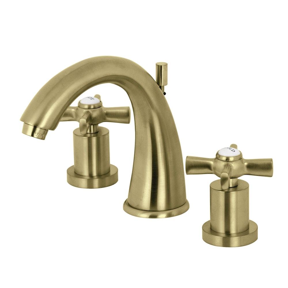 Robinet de salle de bain à arc moyen à 2 poignées et à large portée Modern Cross de 8 po en laiton satiné