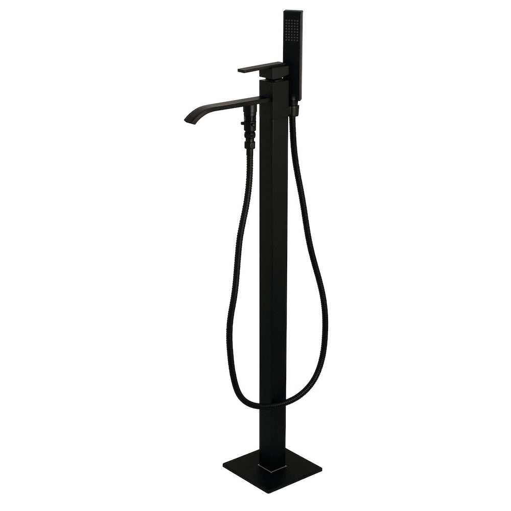 Robinet de baignoire romaine autoportant à poignée unique avec douchette à main en noir mat