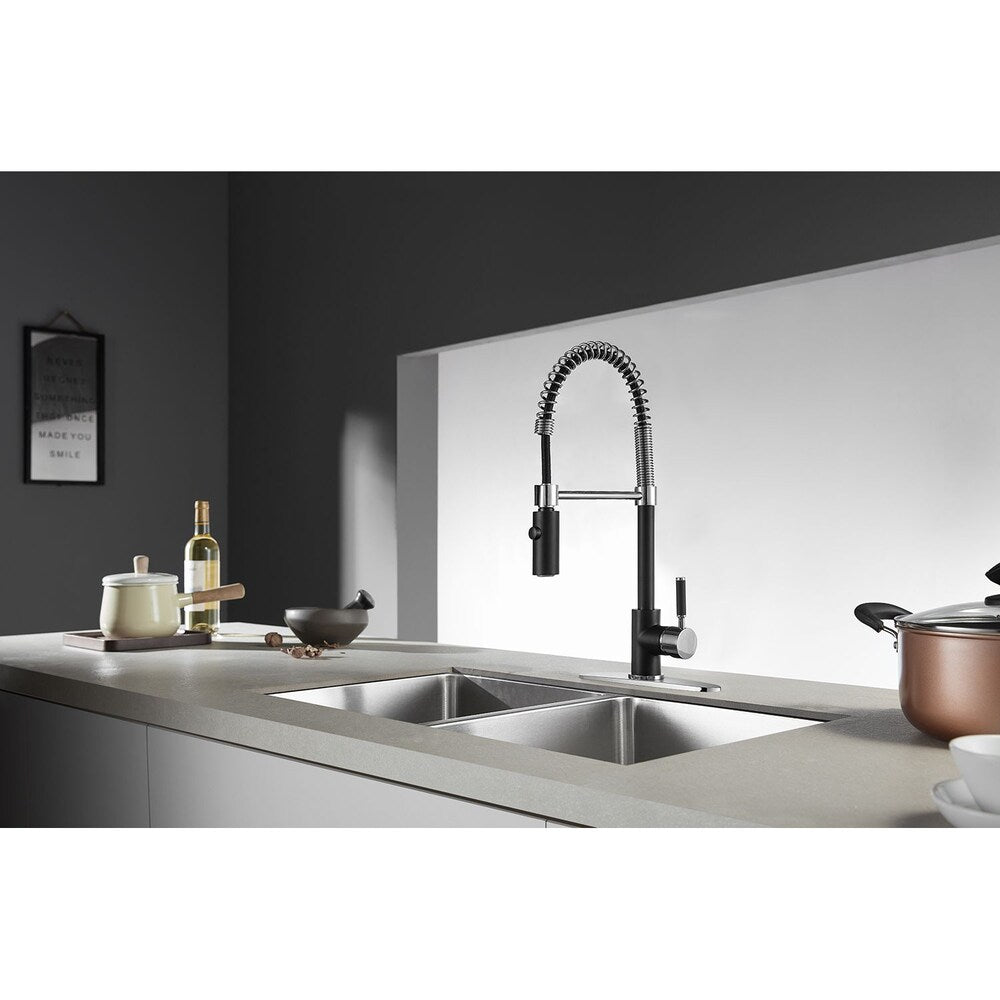 Robinet de cuisine à poignée unique et douchette rétractable Kaiser en noir mat/chrome poli