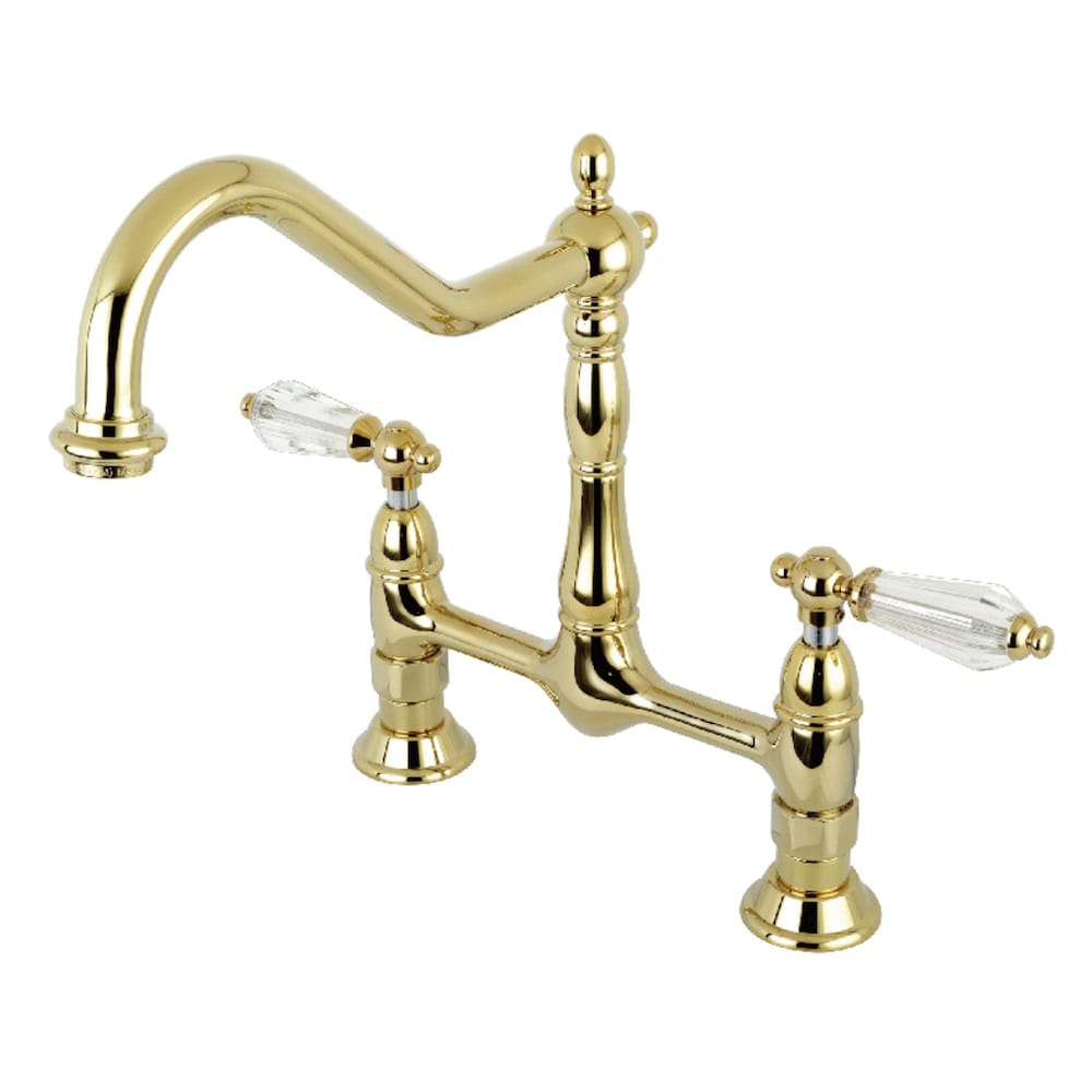 Victorian Crystal 2-Handle Bridge Kitchen Faucet with Lever Handle in Polished Brass