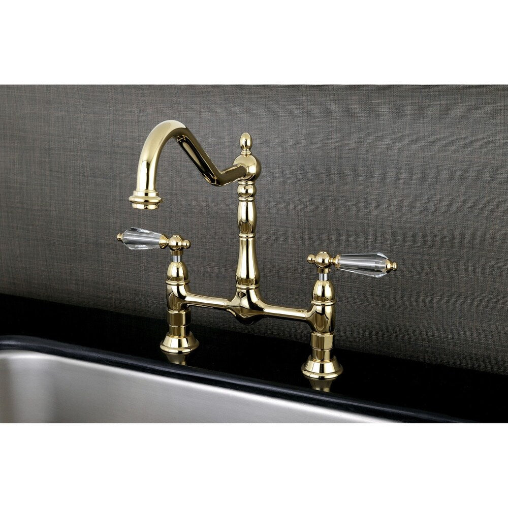 Victorian Crystal 2-Handle Bridge Kitchen Faucet with Lever Handle in Polished Brass