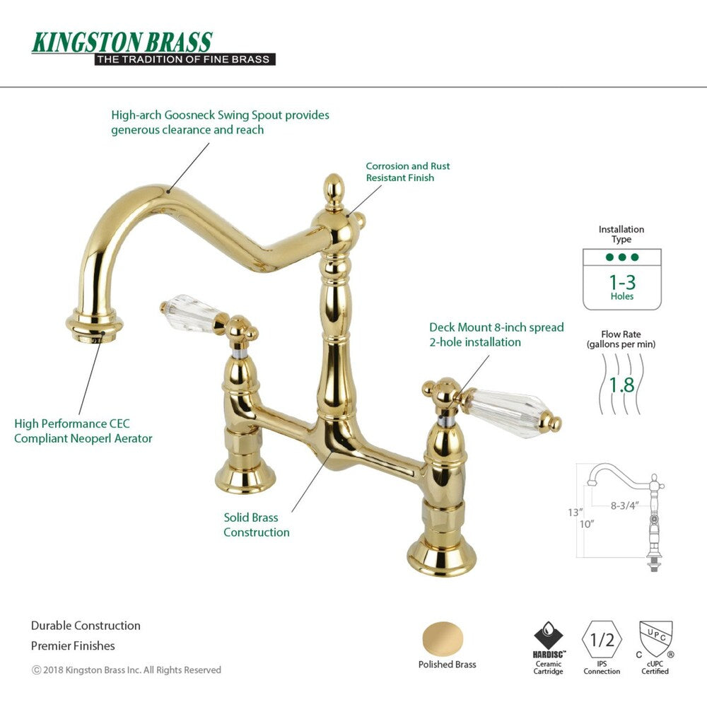 Victorian Crystal 2-Handle Bridge Kitchen Faucet with Lever Handle in Polished Brass