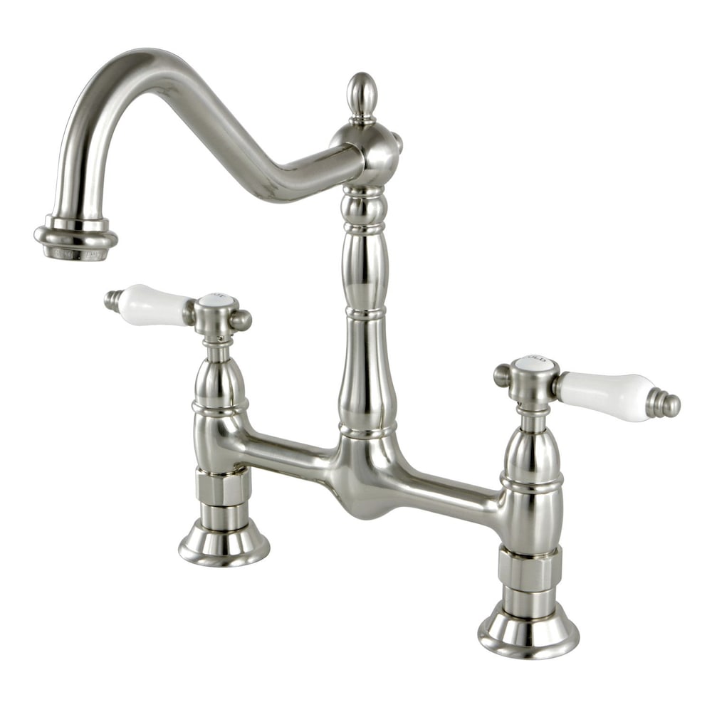 Robinet de cuisine à 2 poignées en porcelaine victorienne avec poignée à levier en nickel satiné