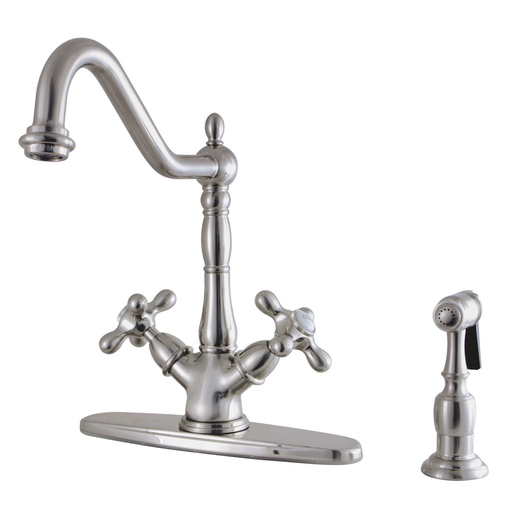 Robinet de cuisine standard à 2 poignées de style victorien avec pulvérisateur latéral en nickel satiné