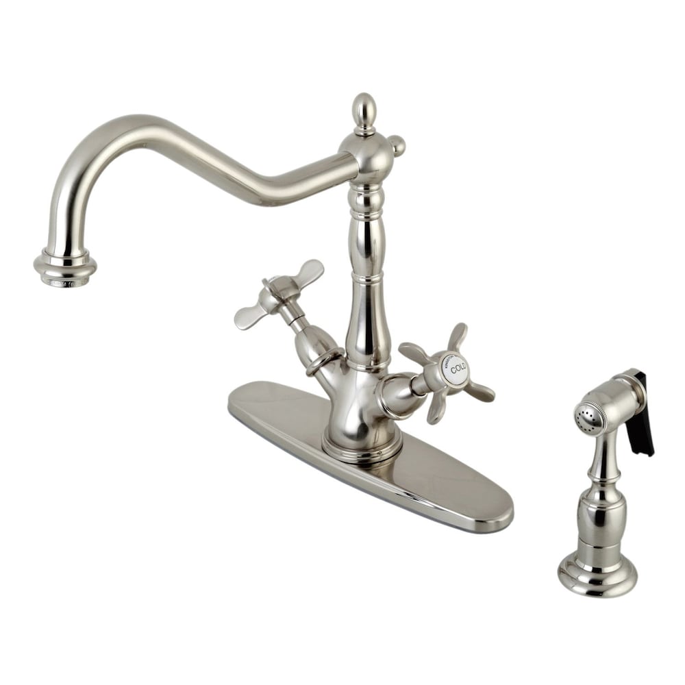 Robinet de cuisine standard à 2 poignées en croix française victorienne avec pulvérisateur latéral en nickel satiné